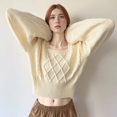 Retro-style square neck lantern sleeve long-sleeved casual ribbed knit sweater