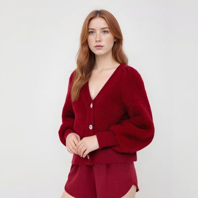 Mohair V-neck three-button lantern sleeve cardigan/jacket