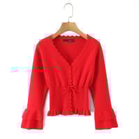 Ruffled V-neck layered ruffled knit cardigan - Thumbnail 2
