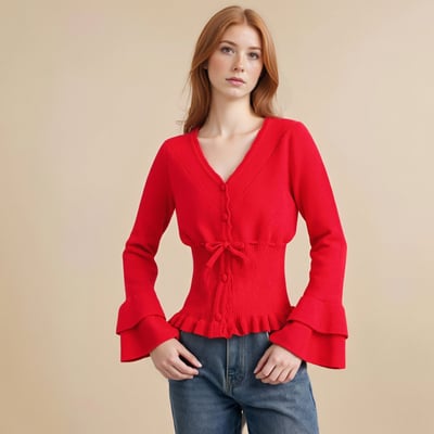 Ruffled v-neck layered ruffled knit cardigan - Thumbnail 1