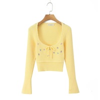 Sexy low-cut neckline long-sleeved three-color embroidered floral knit top - Thumbnail 1