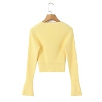 Sexy low-cut neckline long-sleeved three-color embroidered floral knit top - Thumbnail 2