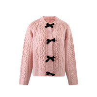 Retro-style casual color-blocked crew neck long-sleeved cable knit sweater - Thumbnail 1