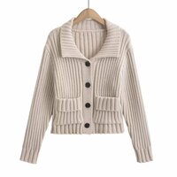Retro-style heavy-duty lapel double pocket single-breasted knit sweater - Thumbnail 2