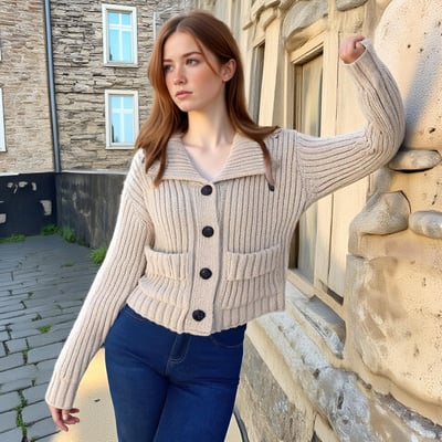 Retro-style heavy-duty lapel double pocket single-breasted knit sweater