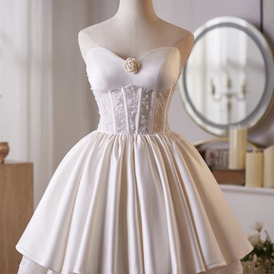 White satin lace short a-line prom party dress