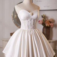 White Satin Lace Short A-Line Prom Party Dress - Thumbnail 2