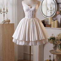 White Satin Lace Short A-Line Prom Party Dress - Thumbnail 4