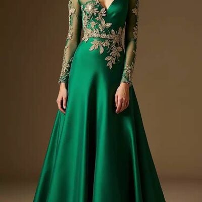 Green a line satin prom dress gold appliques long sleeve evening formal gown simple birthday party dress