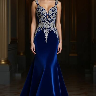 Royal blue mermaid prom dress appliques sleeveless evening formal gown simple birthday party dress