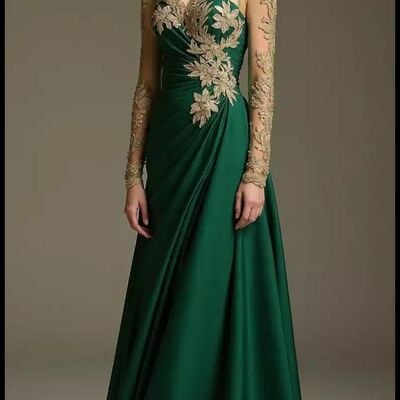 Green mermaid prom dress gold appliques long sleeve evening formal gown simple birthday party dress