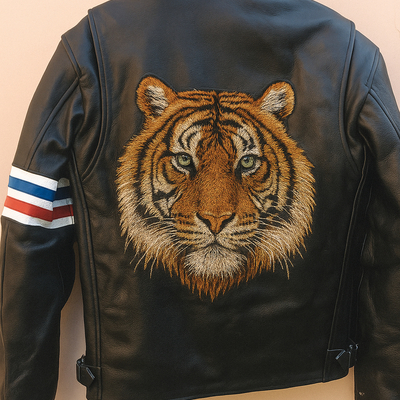 Crafted leather tiger black with red and blue stripes biker motorcycle jacket - Thumbnail 4