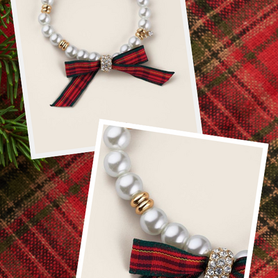 Plaid & pearly festive bow bracelet - Thumbnail 2