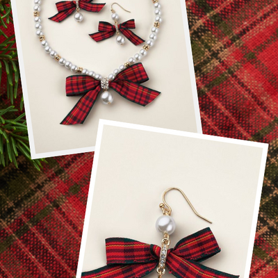 Plaid & pearly festive bow necklace and earring set