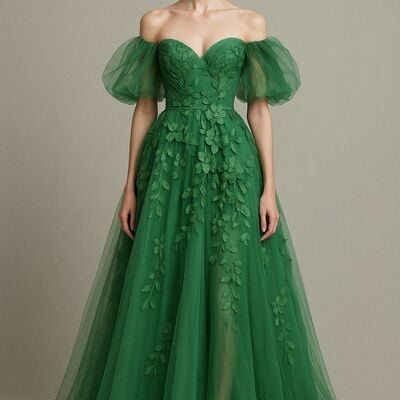 Green a line prom dress off the shoulder appliques sleeveless evening formal gown simple birthday party dress