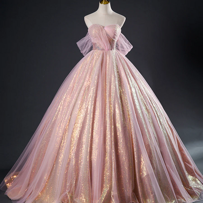 Pink tulle sequins long prom dress beautiful a-line formal dress sweet 16 dress