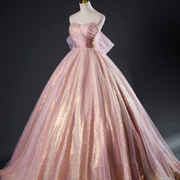 Pink Tulle Sequins Long Prom Dress Beautiful A-line Formal Dress Sweet 16 Dress - Thumbnail 1