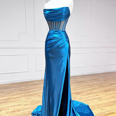 Blue strapless pleated long prom dress blue satin party dress