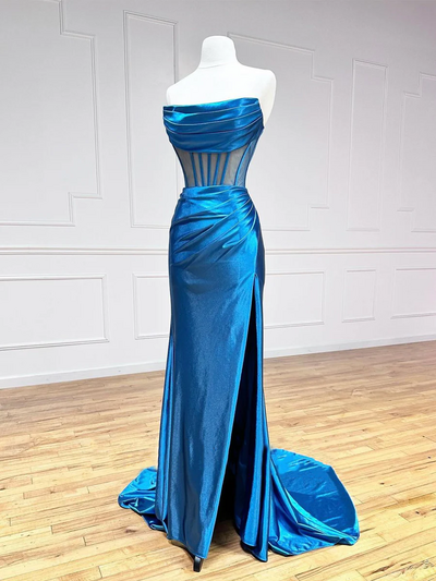 Blue Strapless Pleated Long Prom Dress Blue Satin Party Dress