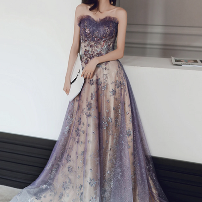 Purple strapless tulle long formal dress a-line tulle evening dress