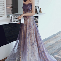 Purple Strapless Tulle Long Formal Dress A-line Tulle Evening Dress - Thumbnail 2