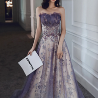 Purple Strapless Tulle Long Formal Dress A-line Tulle Evening Dress - Thumbnail 4