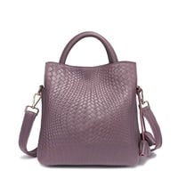 Genuine leather women's large capacity handbag woven texture shoulder bag - Thumbnail 7