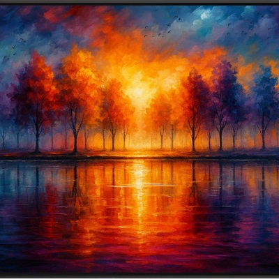 Sunset reflections over autumn lake