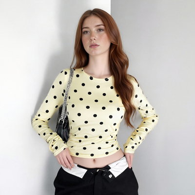 Round neck long sleeve polka dot print slim fit base layer t-shirt