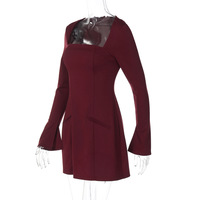 Solid color square neck long sleeves slim waist bodycon dress - Thumbnail 2