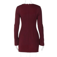 Solid color square neck long sleeves slim waist bodycon dress - Thumbnail 3