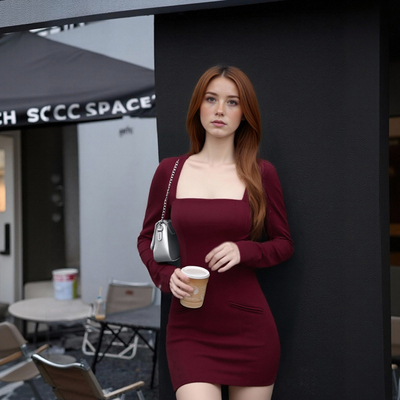 Solid color square neck long sleeves slim waist bodycon dress - Thumbnail 1