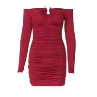 Strapless off-the-shoulder pleated waist slimming bodycon dress - Thumbnail 1