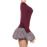 Retro-style color-blocked round neck slim-fit plaid long-sleeved dress - Thumbnail 2