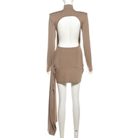 Backless round neck bodycon dress with ribbon ruching and long sleeves - Thumbnail 1