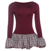 Retro-style color-blocked round neck slim-fit plaid long-sleeved dress - Thumbnail 3