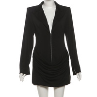 Elegant solid color deep V-neck fitted waist suit dress - Thumbnail 1