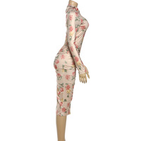 Stylish off-shoulder fitted pleated printed long-sleeved midi dress - Thumbnail 2