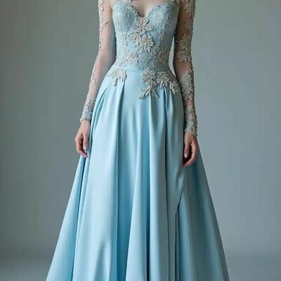 Blue a line prom dress gold appliques long sleeve evening formal gown elegant birthday party dress