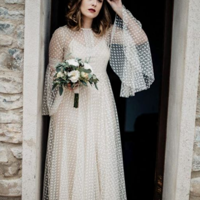 Simple a-line polka dots long sleeve bride dresses