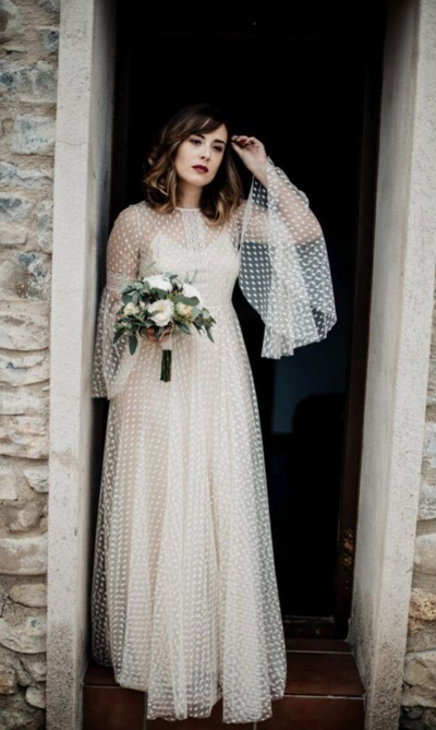 Simple A-Line Polka Dots Long Sleeve Bride Dresses