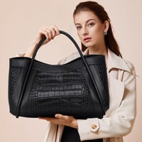 Crocodile-patterned genuine leather large handbag for women - Thumbnail 5