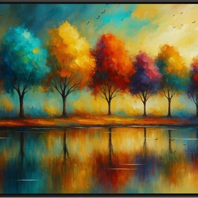 Rainbow reflections vibrant trees at sunset