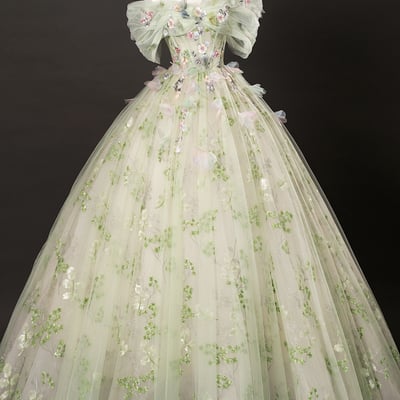 Beautiful green floral tulle off shoulder prom party dress - Thumbnail 1