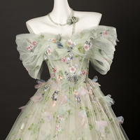Beautiful Green Floral Tulle Off Shoulder Prom Party Dress - Thumbnail 1