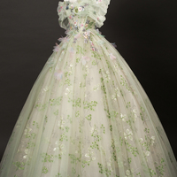 Beautiful Green Floral Tulle Off Shoulder Prom Party Dress - Thumbnail 2