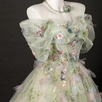 Beautiful Green Floral Tulle Off Shoulder Prom Party Dress - Thumbnail 4