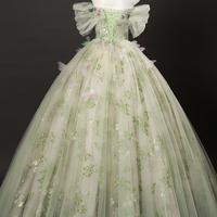 Beautiful Green Floral Tulle Off Shoulder Prom Party Dress - Thumbnail 5