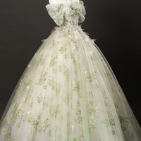 Beautiful Green Floral Tulle Off Shoulder Prom Party Dress - Thumbnail 3