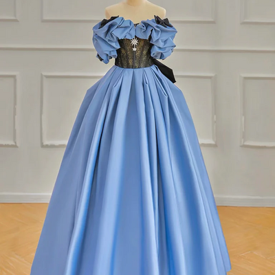 A-line off shoulder satin blue long prom dress blue long formal dress